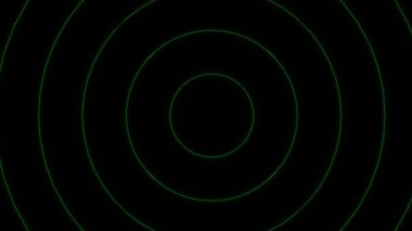 Saf siyah arkaplanda ince, parlak yeşil çizgilerle eşmerkezli daireler çizen çarpıcı bir görsel.