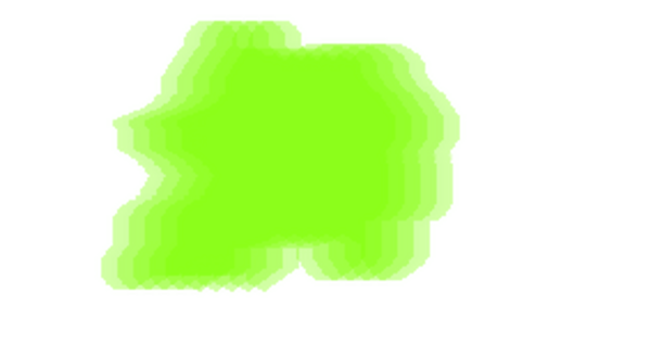 Canlı, limon yeşili soyut bir şekil katmanlı, pikselleştirilmiş bir gölgeyle saf bir fırça arkaplanına karşı