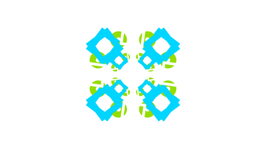 Büyüleyici, simetrik, soyut bir tasarım. Birbirine bağlı turkuaz ve limon yeşili kareler ve kalın siyah bir zemin üzerinde daireler.