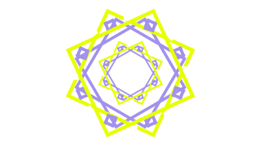 Bu resim büyüleyici bir geometrik mandala tasarımı sergiliyor, birbirine kenetlenmiş kareler ve çizgiler parlak sarı ve lavanta / mor renklerle çarpıcı bir siyah arkaplana karşı