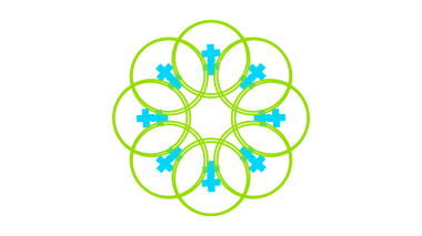 Ihlamur yeşili renkte eşmerkezli daireler içeren büyüleyici bir grafik tasarımı, parlak simetrik haçlar içinde ve daireler arasında dizilmiş