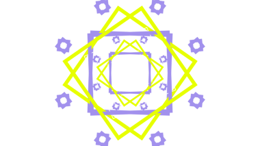 Birbirine bağlı kareler, üçgenler ve canlı sarı ve lavanta renkli şekiller içeren büyüleyici bir soyut tasarım koyu siyah bir arkaplana karşı.