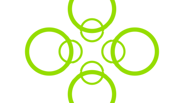 Parlak ve modern bir soyut tasarım. Birbirine kenetlenmiş daireler ve kareler, siyah bir arkaplana karşı yeşil ve beyaz renkli bir şema.