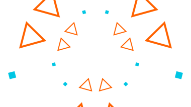 Büyüleyici, simetrik soyut bir tasarım, siyah arkaplan üzerinde sayısız turuncu üçgen ve dağınık deniz mavisi kareleri ile çevrili merkezi bir beyaz yıldız şeklini içerir.