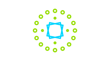 Büyüleyici bir geometrik tasarım eşmerkezli daireler ve limon yeşili ve turkuaz mavisi kareler, çarpıcı bir siyah arkaplan üzerine kuruludur.