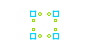 Birbirine kenetlenmiş kareler ve daireler içeren simetrik bir tasarım. Parlak turkuaz mavi ve limon yeşili, koyu siyah bir zemin üzerinde.