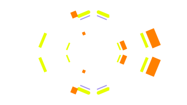 Bu dinamik görüntü, siyah arkaplan üzerinde canlı turuncu, beyaz ve sarı dikdörtgen şekillerin simetrik bir düzenini içerir.