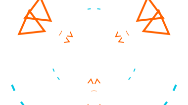 Çarpıcı bir soyut tasarım üst üste binen, turuncu ve beyaz üçgenler ve derin siyah bir arkaplan.