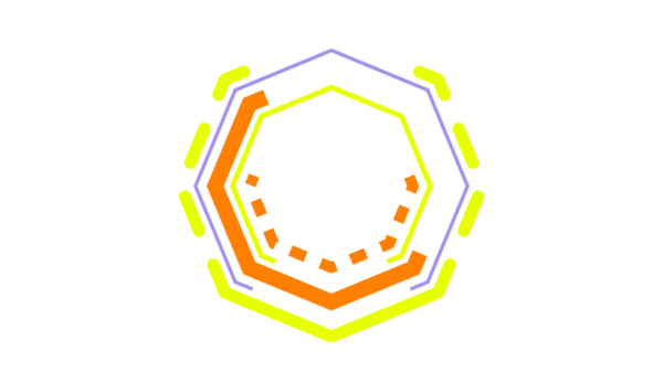 Dinamik, göz alıcı, parlak turuncu, sarı ve mor renkli katmanlı altıgen grafikler koyu siyah bir zemin oluşturur.
