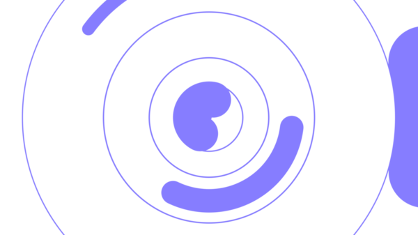 Bu soyut resim siyah bir arkaplan karşısında eşmerkezli daireler ve akan lavanta şekilleri içerir.