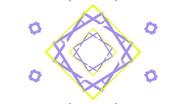 Bu canlı soyut resim, siyah bir arkaplana karşı mor ve sarı tonlarında kesişen çizgilerin ve şekillerin karmaşık geometrik bir modelini içerir.