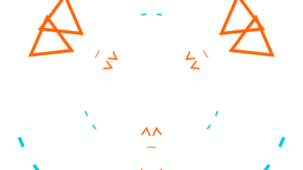 Çarpıcı bir soyut tasarım üst üste binen, turuncu ve beyaz üçgenler ve derin siyah bir arkaplan.