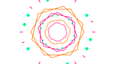 Özmerkezli geometrik şekiller, çizgiler ve küçük deniz mavisi daireler içeren dinamik ve renkli soyut bir tasarım.