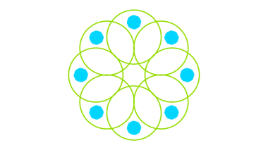 Küçük, parlak turkuaz altıgenlerle dolu, birbirine bağlı limon yeşili eşmerkezli daireler içeren büyüleyici, simetrik bir tasarım.
