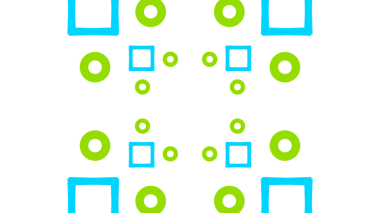 Kare, daire ve elmaslardan oluşan simetrik bir desen parlak yeşil ve cyan mavisi, beyaz ile özetlenmiş koyu siyah bir zemin.