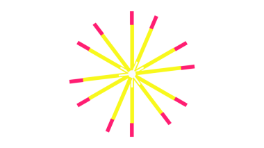 Sarı ve pembe çizgiler içeren çarpıcı bir grafik tasarımı, katı siyah bir arkaplana karşı bir güneş patlaması ya da yıldız patlaması etkisi yaratır