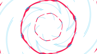 Bu dinamik soyut resim, siyah bir arkaplan üzerinde dönen canlı pembe ve turkuaz çizgilerden oluşan eşmerkezli çemberler içerir.