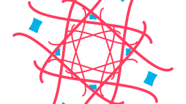 Çarpıcı bir soyut tasarım. Kesişen, stilize çizgiler, parlak bir kırmızı-pembe tonda, simsiyah bir arka plana karşı.