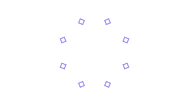 Simetrik, geometrik desen, merkezi, daha büyük, siyah bir karenin etrafında dairesel bir şekilde düzenlenmiş beyaz ve lavanta kareleri içerir.