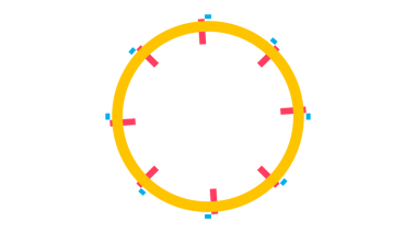 Çevresinde eşit aralıklarla küçük, renkli (pembe ve yeşil / mavi) dikdörtgen ve kare şekilli altın sarısı bir daire içeren canlı, soyut bir grafik.