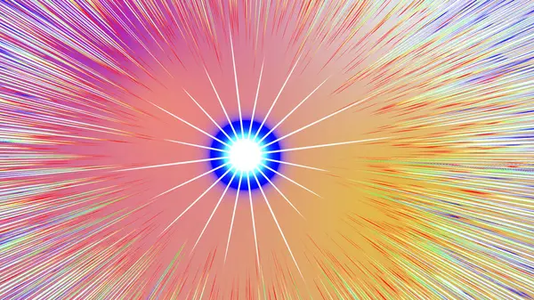 Canlı, soyut bir görüntü, bir renk patlaması ile dışarıya doğru yayılan ışığın merkezi bir noktasını gösteriyor.