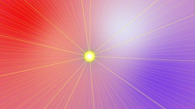 Işıl ışıl parlak bir sarı noktadan yayılan açık altın renkli parlak çizgiler içeren canlı bir soyut görüntü yumuşak pembe ve mor renklerin değişken bir arka planına karşı.