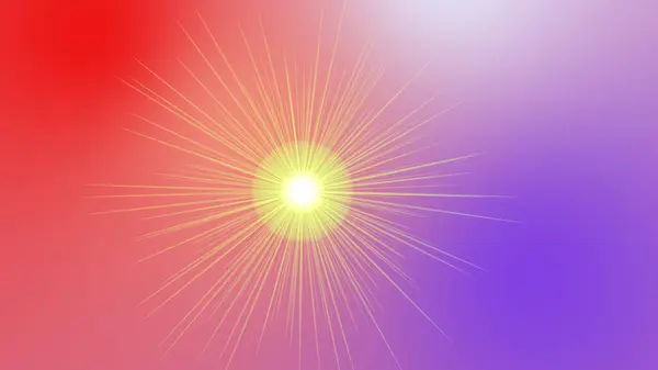 Canlı, soyut bir tasarım. Kırmızı ve mor arkaplana karşı merkezi bir ışık noktasından yayılan bir güneş patlaması.