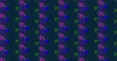 Bu düz, koyu mavi bir arkaplan karşısında bulanık, çok renkli dairelerin tekrarlayan bir örüntüsünü içerir