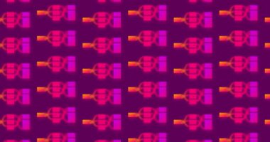 Birbirine bağlı, geometrik şekillerin, koyu mor bir zemin üzerinde canlı neon pembe ve turuncu renklerde tekrarlanan bir deseni.