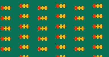 Hareketli, tekrarlayan geometrik desen stilize edilmiş, turuncu ve altın şekilli derin bir deniz mavisi zemininde, pürüzsüz bir ızgarada dizilmiş.