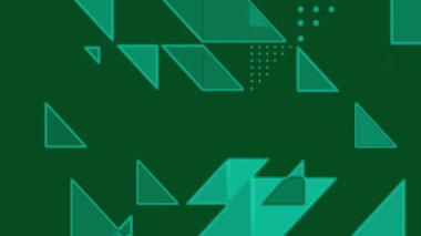 Koyu yeşil arkaplan içeren canlı bir grafik tasarımı çeşitli boyutlarda ve üst üste binen üçgenlerle örtülmüş.