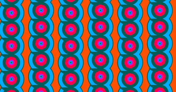 Hardal sarısı arkaplana karşı koyu, parlak renkli (kırmızı, sarı, mavi ve beyaz) dairelerin yinelenen bir şablonu