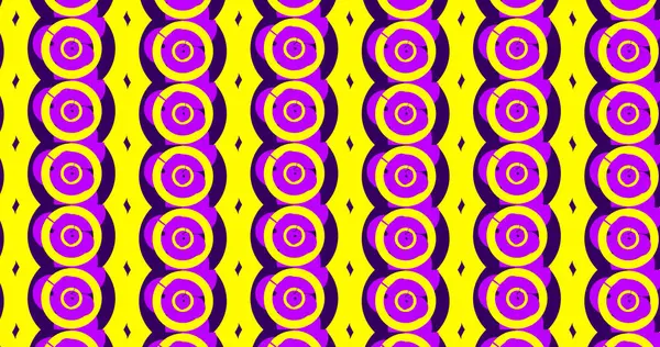 Bu neşeli, cesur tasarım, dikey çizgili düzende değişen mor daireler ve sarı şekillerin tekrarlayan bir modelini içerir.