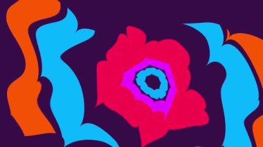 Kırmızı, mavi, turuncu ve mor renkli merkezi çiçeğe benzer bir motif içeren dinamik bir girdap, derin bir çivit arkaplanı oluşturur.