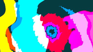 Sari, cyan, morumsu, kirmizi ve mavi gibi hareketli renklerin dolambaçlı ve üst üste binen biçimlerini içeren dinamik bir soyut kompozisyon.