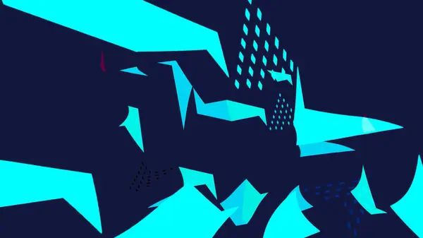 Üçgenler ve açısal çizgiler de dahil olmak üzere geometrik şekillerin bir karışımını içeren cesur bir soyut girdap, canlı bir Cyan renk paleti hareketiyle koyu bir donanma arka planı