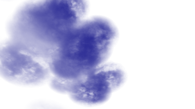 Yumuşak mavi ve beyaz bulutlar zıt bir karanlık arka planda süzülür, sakin ve rüya gibi bir atmosfer yaratır..