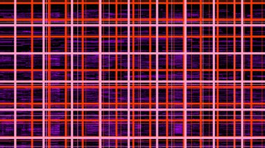 Neon ekoseli ızgara siyah bir fon üzerinde parlak kırmızı, pembe ve mor renklerin dinamik bir etkileşimini içerir.