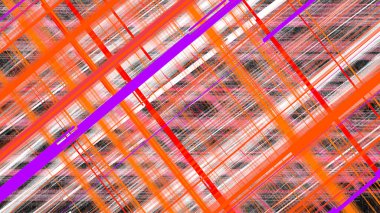 Çapraz çizgiler içeren soyut dijital sanat turuncu, kırmızı, pembe, mor ve beyaz renkli dinamik bir arkaplan oluşturuyor..