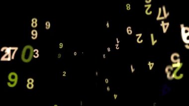 Dijital sayıların büyüleyici soyut hareketi dinamik olarak yüzüyor ve bulanıklaşıyor, veri, finans ve gelecekteki teknolojinin temaları çağrıştırıyor. Teknoloji sunumları için ideal.