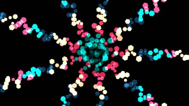 Merkezden yayılan soyut renkli geometrik şekiller tasarım için siyah bir arkaplan üzerinde