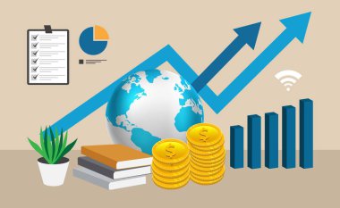 Küresel iş büyümesi ve dünya, finansal semboller ve dijital bağlantı ile müşteri ilişkileri kavramı.