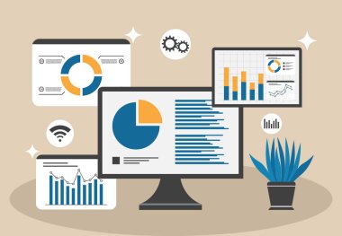 Modern Data Analysis and Business Analytics Visualization on Multiple Screens with Charts and Graphs in a Workspace Setting. clipart