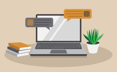 Dijital iletişimi sembolize eden, aktif sohbet baloncukları olan bir dizüstü bilgisayarın yer aldığı modern bir çalışma alanı. Kurulum, öğrenmeyi temsil eden bir yığın kitap ve doğa dokunuşu ekleyen bir saksı bitkisini içeriyor..