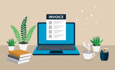  Laptop displaying an invoice, surrounded by plants and office supplies. Perfect for billing, finance, or freelance concepts. clipart