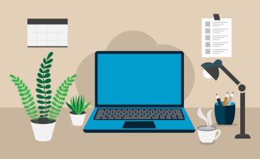 Dizüstü bilgisayarı, bitkileri, kahveyi ve ofis malzemelerini asgari düzeyde kurmuş. Uzak çalışma veya üretkenlik temaları için ideal.