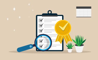  Büyüteç, sertifika şeridi ve bitkilerle kontrol listesi. Kalite kontrolü veya görev yönetimi için ideal.