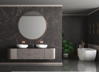 Aynalı banyo, mermer zemin ve mermer fayanslar. 