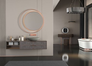 Modern banyonun içinde lavabo, ayna ve ahşap zemin var. 