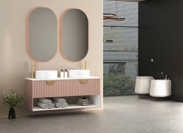 带有水池 镜子和浴缸的现代浴室室内设计 D说明 — 图库照片
